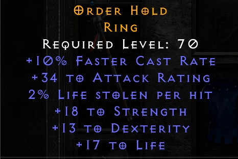 Order Hold - 10 FCR 18 Strength 13 Dex 17 Life - Non Ladder