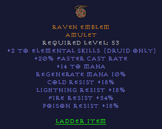 Raven Emblem - 2 Elemental 20 FCR 18 All Resist 54 Fire Resist - D2Bits