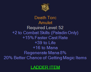Death Torc - 2 Paladin Combat Skills 39 Life 20% MF - Amulet