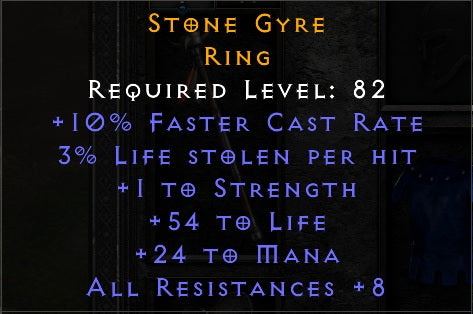 Stone Gyre - 10 FCR 1 Str 54 Life 24 Mana 8 All Resist - Non Ladder