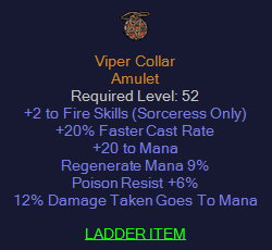 Viper Collar - 2 Fire Sorceress Skills - 20 Fcr