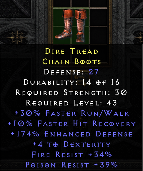 Dire Tread - 30 Run walk 10 FHR - 34 Fire Res 39 Poison Res