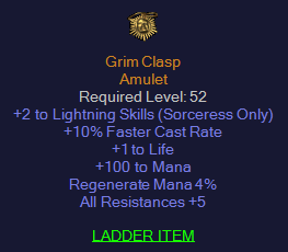 Grim Clasp - 2 Lightning 10 FCR 100 Mana 5 All Resist