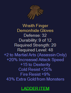 Wraith Finger - 2 Martial Arts 20 IAS 15 Dex 25 CR 9 FR - D2Bits