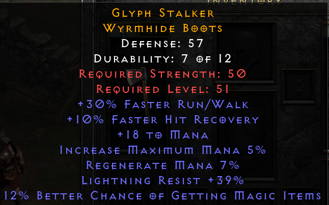 Glyph Stalker - 30 R/w 10 FHR 5% max mana 39 Lightning Resist 12% MF