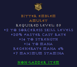 Bitter Emblem - 2 Sorceress 20 FCR 14 Strength
