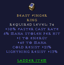 Beast Finger - 10 FCR 6 ML 49 Mana 21 CR 13 LR