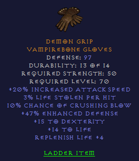 Demon Grip - 20 IAS 10 CB 15 Dex 4 Replenish Life - Gloves