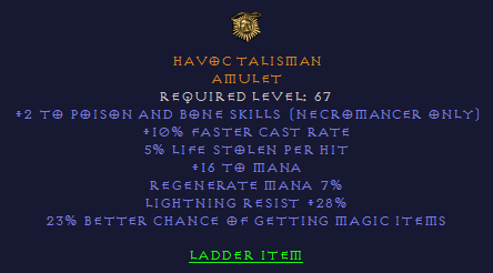 Havoc Talisman - 2 Poison and Bone 10 fcr 23 mf LR