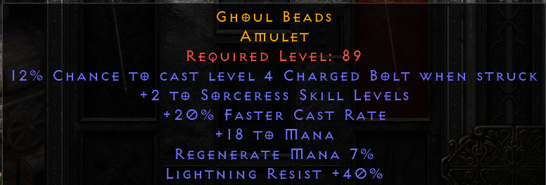 Ghoul Beads - 2 Sorceress 20 FCR 40 Lr - Amulet