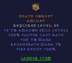 Death Gorget - 2 Amazon 20 FCR 20 Fire Resist