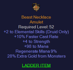 Beast Necklace - 2 Ele Druid 10 FCR - 4 STR 98 Mana
