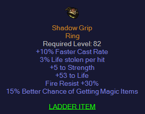 Shadow Grip - 10 FCR 5 STR 53 Life 30 Fire Resist 15% MF