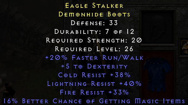 Eagle Stalker - 20 Run Walk 38 Cold Resist 40 Light Res 33 Fire Resist - Non Ladder