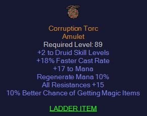 Corruption Torc - 2 Druid 18 FCR 15 All Resist 10% MF