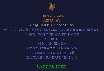 Stone Clasp - 2 Lightning Skills 10 FCR 59 Life 23 PR