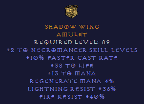 Shadow Wind - 2 Necromancer 10 CR 36 LR 40 FR - Amulet