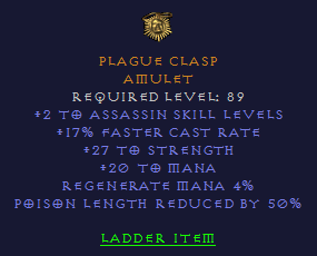 Plague Clasp - 2 Assassin 17% fcr  27 Str 50% PLR