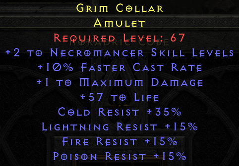 Grim Collar - 2 Necromancer 10 FCR 57 life 15 all resist 35 CR - Amulet