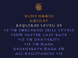 Rune Noose - 2 Sorceress 20 FCR 15 Dexterity 12 All Resist - Amulet