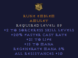 Rune Emblem - 20 FCR 2 Sorceress 10 All Resist - Amulet