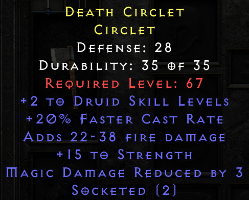 Death Circlet - 2 Druid 20 FCR 15 STR 2 sockets