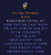 Havoc Whorl - FCR 11% Life stolen per hit all Resist - Ring