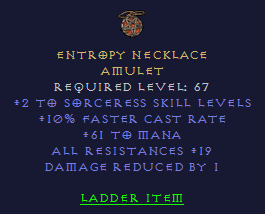 Entropy Necklace - 2 Sorceress 10 FCR Mana All Resist - Amulet