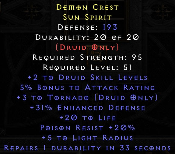 Demon Crest - 5 Tornado 20 life 20 Poison Resist - Green Hawk Helm