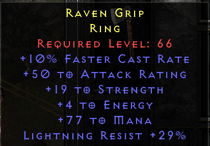 Raven Grip - 10 FCR 19 Strength 77 Mana 29 Lightning Resist -  Non Ladder