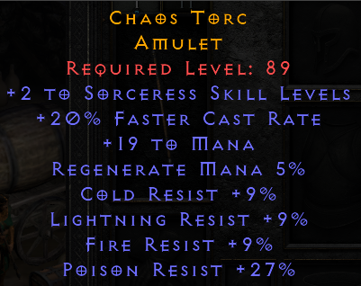 Chaos Torc - 2 Sorceress 20 FCR All Resist - Amulet