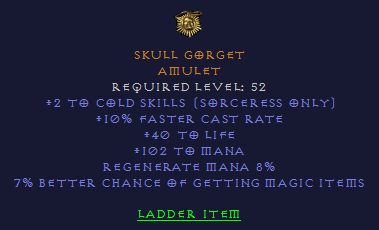 Skull Gorget - 2 Cold 10 FCR 40 Life 102 Mana 7% MF