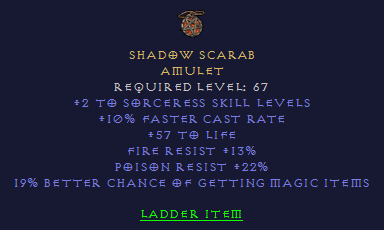 Shadow Scarab - 2 Sorceress 10 FCR 57 life FR PR 19% MF - Amulet