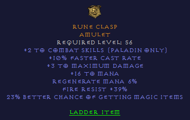 Rune clasp - 2 Paladin Combat 10 fcr 39 FR 23% MF