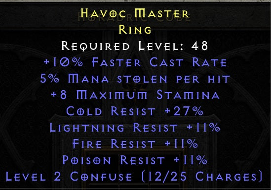 Havoc Master - 10 FCR 11 All Resist 27 Cold Resist 5% Mana Leech - non ladder