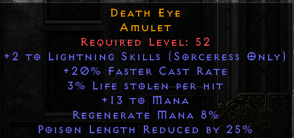 Death Eye - 2 Lightning Skills 20 FCR PLR - Amulet