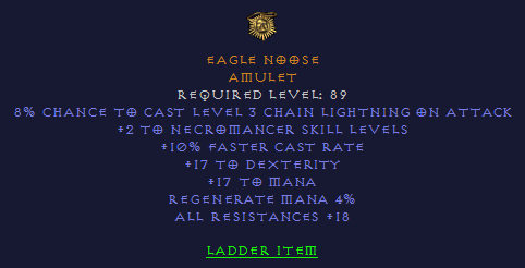 Eagle Noose - 2 Necromancer 10 FCR Dex All Resist - Amulet