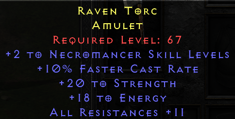 Raven Torc - 2 Necromancer 10 FCR STR All Resist - Amulet