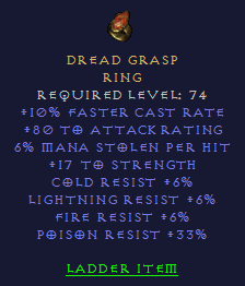 Dread Grasp - 10 FCR 6 ML 17 STR All Resist 33 PR