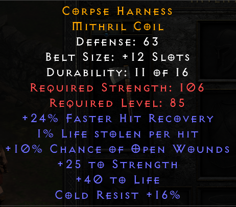 Corpse Harness - 24% FHR 10 % OW 25 Strength 40 Life 16 CR - Non Ladder