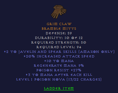 Grim Claw - 2/20 Javazon 27 PR 3 MAEK - Gloves