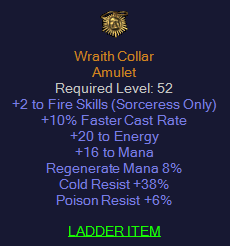 Wraith Collar - 2 Fire Skills 10 FCR 20 Energy