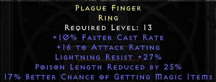 Plague Finger - 10 FCR 27 Lightning Resist 25% PLR 17% MF - Ring