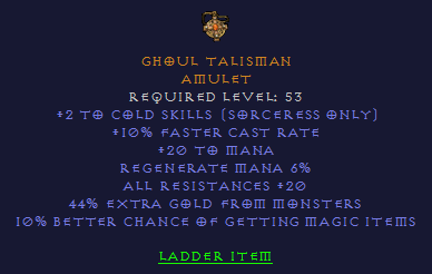 Ghoul Talisman - 2 Cold SKills 10 FCR 20 All Resist 10% MF