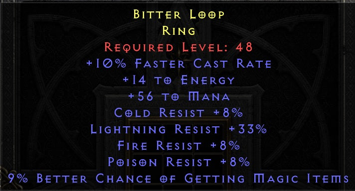 10 FCR 14 Energy 56 mana 8 All Resist 33 Lightning Resist 9% MF - Ladder