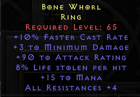 10 FCR 8 Life Leech 15 Mana 4 All Resist 90 AR 3 minimum Damage - Ladder