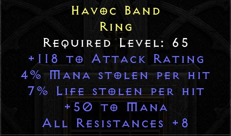 Dual Leech 115 Attack Rating 50 Mana 8 All Resist -Ring- Ladder