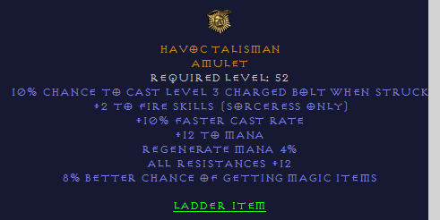 Havoc Talisman - 2 Fire 10 FCR 12 All Resist 8% MF