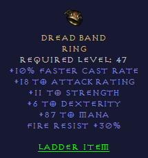 Dread Band - 10 FCR STR Dex 87 mana 30 FR