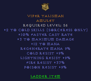 Viper Talisman - 2 Cold Skills 10 FCR 9 All Resist 37 FR